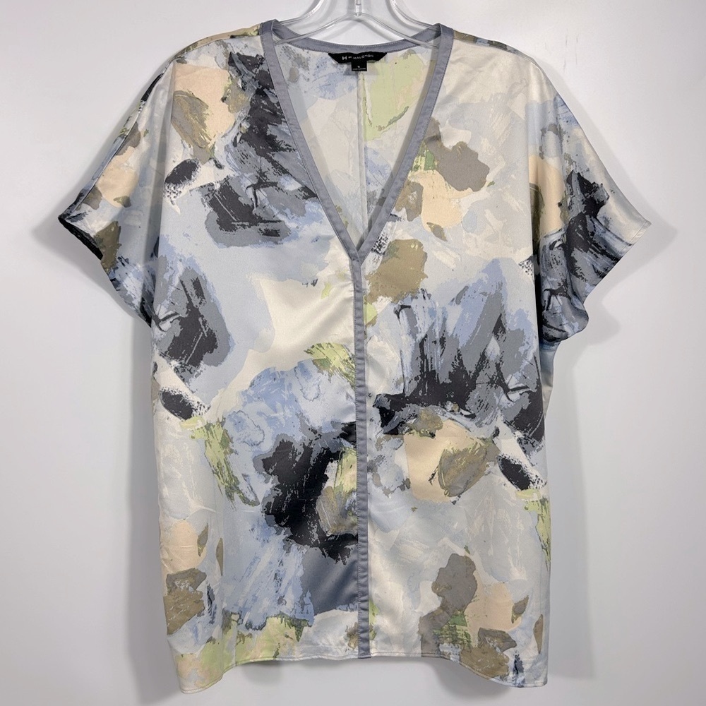 H by Halston Multicolored Oversized Cap Sleeves V-Neckline Blouse Size S